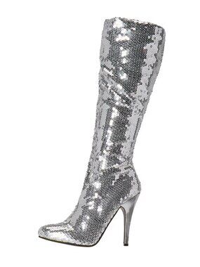 Ellie Shoes 511-Tin 5" Heel Knee High Sequined Boots in Silver Size 8